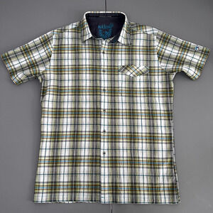 Kuhl Shirt Men Medium Green Plaid Short Sleeve Button Seer Sucker Cotton Blend